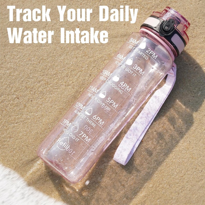OLDLEY Water Bottle, 32oz Motivational Sports Water Bottle with Time Marker - Times to Drink - Tritan, BPA Free, Wide Mouth Leakproof,Clear Pink - Image 2